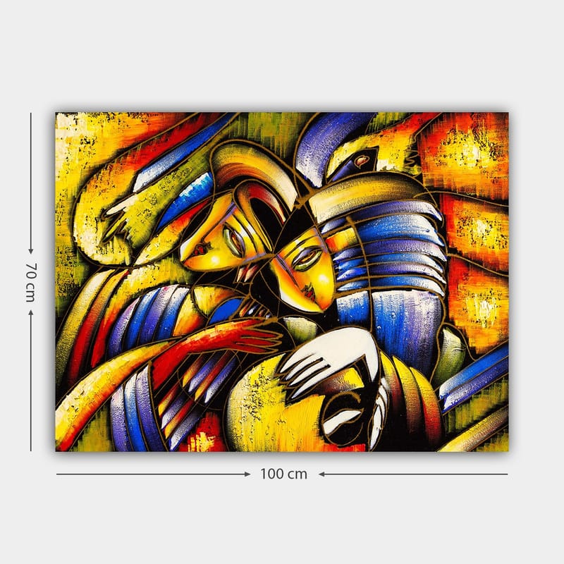 Canvas taulu 70x100 cm - Kaksi abstraktia hahmoa syleilemässä toisiaan tunteellisessa sommitelmassa - Keltainen / Sininen / Punainen - Sisustustuotteet - Taulu & taide - Canvas-taulu