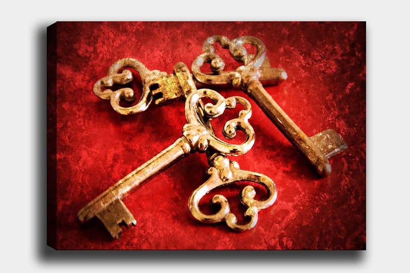 Canvas taulu 70x100 cm - Kaksi antiikkista avainta koristeellisilla yksityiskohdilla punaisella taustalla, Kulta / Punainen