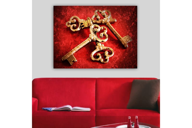 Canvas taulu 70x100 cm - Kaksi antiikkista avainta koristeellisilla yksityiskohdilla punaisella taustalla - Kulta / Punainen - Sisustustuotteet - Taulu & taide - Canvas-taulu