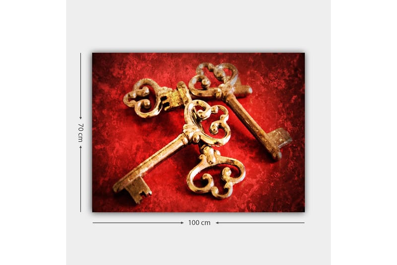 Canvas taulu 70x100 cm - Kaksi antiikkista avainta koristeellisilla yksityiskohdilla punaisella taustalla - Kulta / Punainen - Sisustustuotteet - Taulu & taide - Canvas-taulu