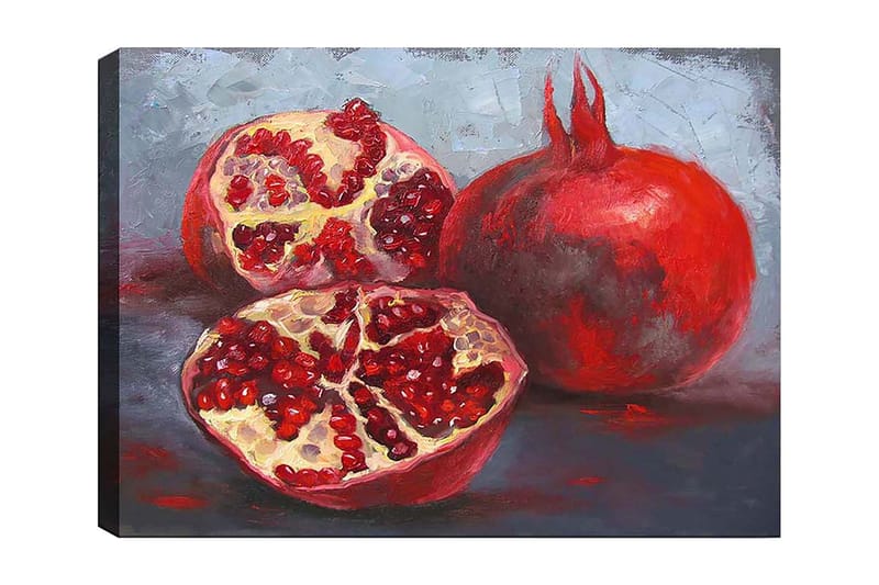 Canvas taulu 70x100 cm - Kaksi granaattiomenaa, toinen kokonainen ja toinen halkaistu, paljastaen mehukkaat siemenensä, Punainen / Beige