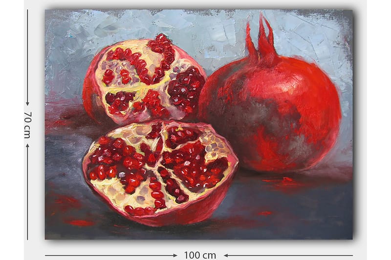 Canvas taulu 70x100 cm - Kaksi granaattiomenaa, toinen kokonainen ja toinen halkaistu, paljastaen mehukkaat siemenensä - Punainen / Beige - Sisustustuotteet - Taulu & taide - Canvas-taulu