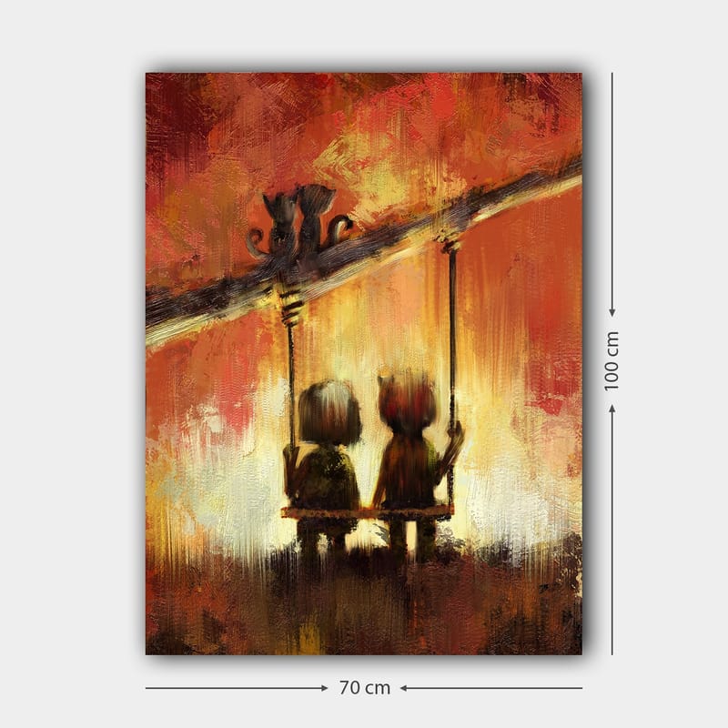 Canvas taulu 70x100 cm - Kaksi hahmoa keinussa lämpimän, värikkään taivaan alla - Punainen / Oranssi / Keltainen - Sisustustuotteet - Taulu & taide - Canvas-taulu
