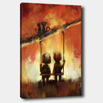 Canvas taulu 70x100 cm - Kaksi hahmoa keinussa lämpimän, värikkään taivaan alla - Punainen / Oranssi / Keltainen - Sisustustuotteet - Taulu & taide - Canvas-taulu