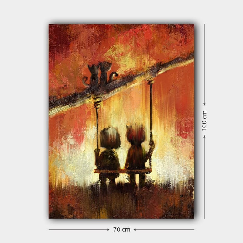Canvas taulu 70x100 cm - Kaksi hahmoa keinussa lämpimän, värikkään taivaan alla - Punainen / Oranssi / Keltainen - Sisustustuotteet - Taulu & taide - Canvas-taulu