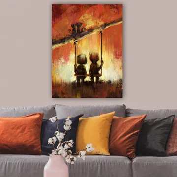 Canvas taulu 70x100 cm - Kaksi hahmoa keinussa lämpimän, värikkään taivaan alla - Punainen / Oranssi / Keltainen - Sisustustuotteet - Taulu & taide - Canvas-taulu