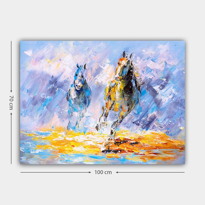 Canvas taulu 70x100 cm - Kaksi hevosta laukkaa eteenpäin dynaamisessa ja värikkäässä sommitelmassa - Sininen / Keltainen / Oranssi - Sisustustuotteet - Taulu & taide - Canvas-taulu