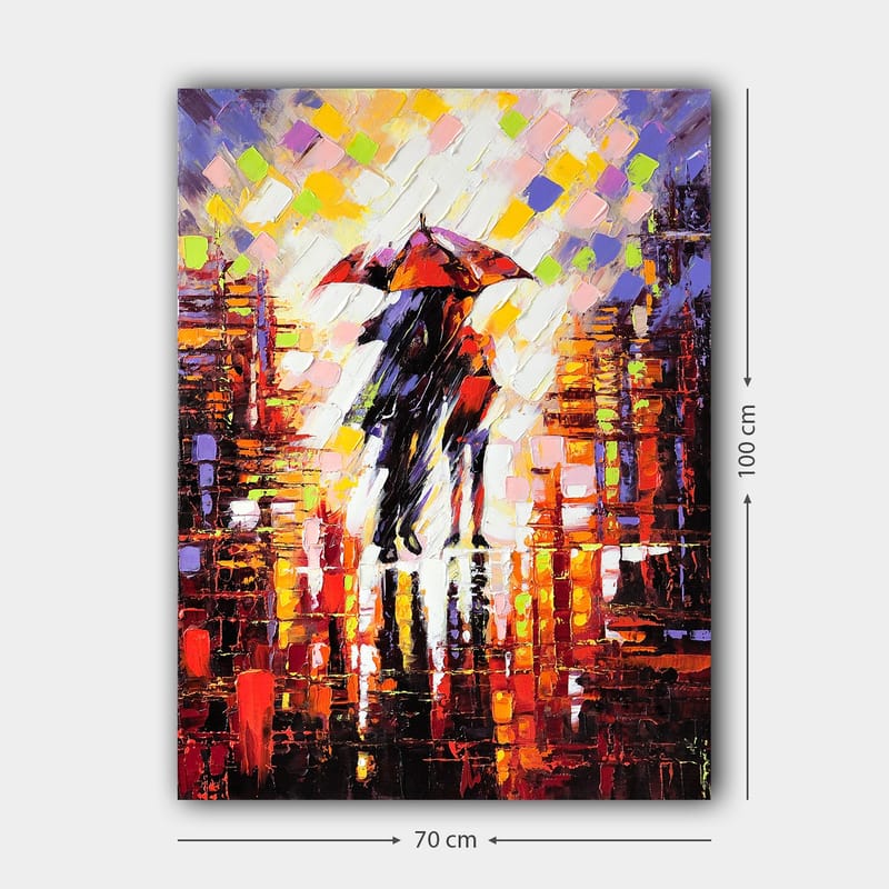 Canvas taulu 70x100 cm - Kaksi ihmistä sateenvarjon kanssa seisomassa sateisessa kaupunkiympäristössä - Punainen / Musta / Oranssi - Sisustustuotteet - Taulu & taide - Canvas-taulu