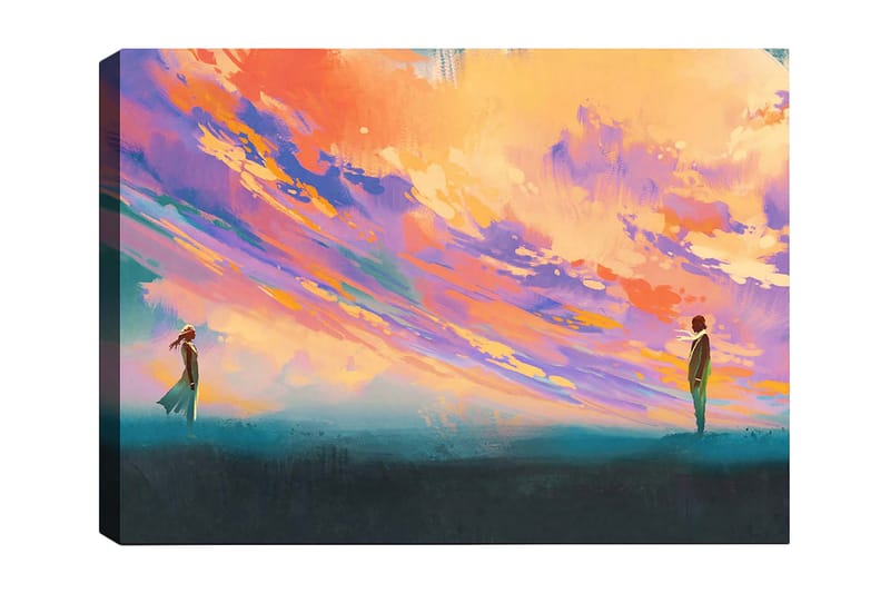 Canvas taulu 70x100 cm - Kaksi ihmistä seisoo avoimessa tilassa värikkään taivaan alla, Violetti / Oranssi / Turkoosi