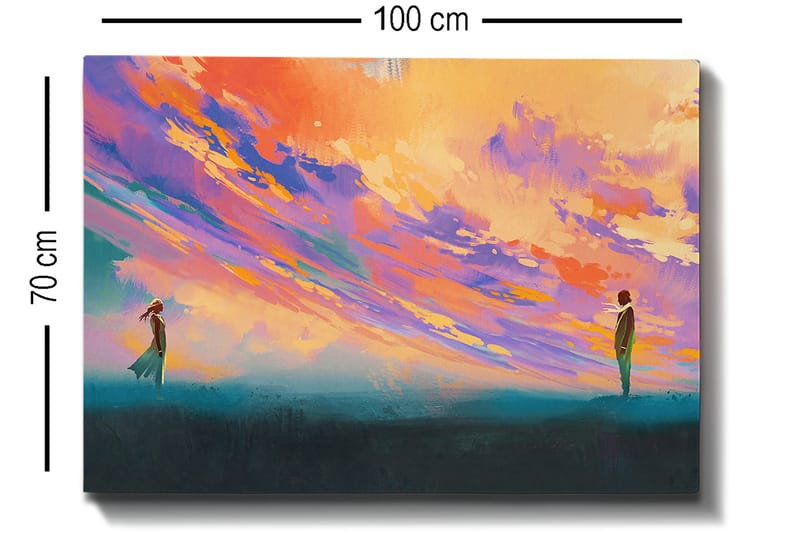 Canvas taulu 70x100 cm - Kaksi ihmistä seisoo avoimessa tilassa värikkään taivaan alla - Violetti / Oranssi / Turkoosi - Sisustustuotteet - Taulu & taide - Canvas-taulu