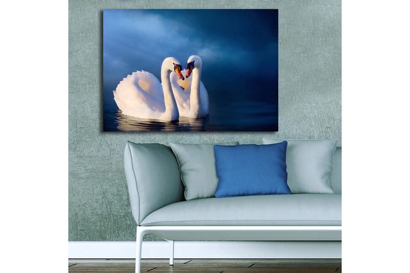 Canvas taulu 70x100 cm - Kaksi joutsenta muodostaa sydämen kaulillaan romanttisessa ja rauhallisessa tunnelmassa - Valkoinen / Tummansininen - Sisustustuotteet - Taulu & taide - Canvas-taulu