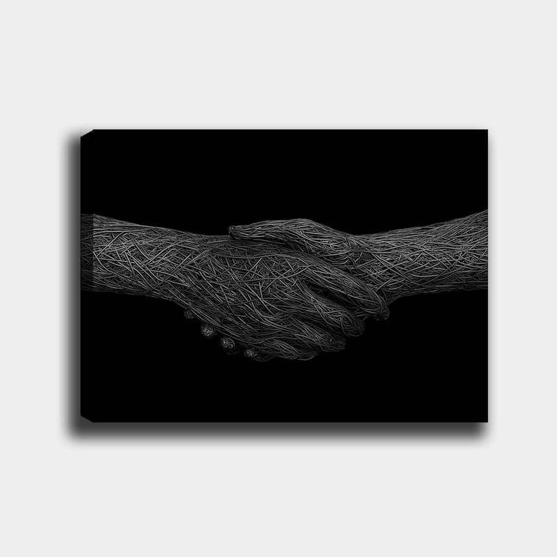 Canvas taulu 70x100 cm - Kaksi kättä kättelemässä, symboloi yhteistyötä ja yhtenäisyyttä, Musta / Harmaa