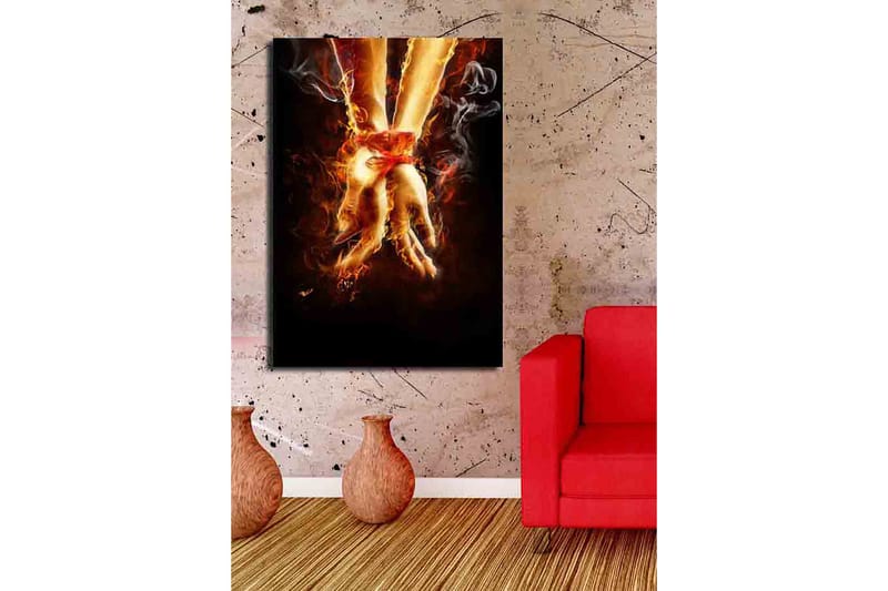 Canvas taulu 70x100 cm - Kaksi kättä sidottu yhteen punaisella nauhalla, tulen ja savun ympäröimänä - Oranssi / Punainen / Beige - Sisustustuotteet - Taulu & taide - Canvas-taulu