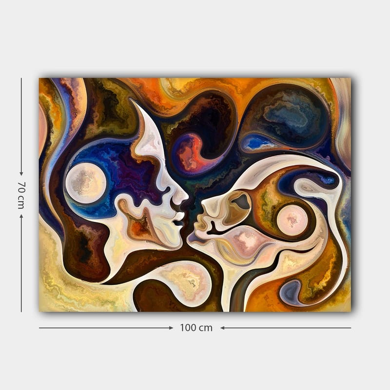 Canvas taulu 70x100 cm - Kaksi kasvoa kohtaavat intiimissä suudelmassa abstraktien muotojen ja värien ympäröimänä - Tummansininen / Ruskea / Beige - Sisustustuotteet - Taulu & taide - Canvas-taulu