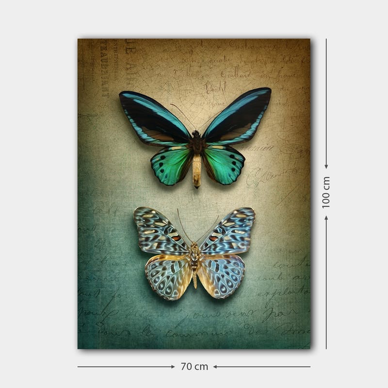 Canvas taulu 70x100 cm - Kaksi kaunista perhosta harmonisessa sommitelmassa - Turkoosi / Vihreä / Sininen - Sisustustuotteet - Taulu & taide - Canvas-taulu