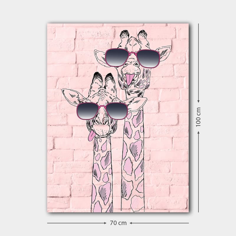 Canvas taulu 70x100 cm - Kaksi kirahvia aurinkolaseineen, jotka erottuvat leikkisillä ilmeillään - Vaaleanpunainen / Musta / Valkoinen - Sisustustuotteet - Taulu & taide - Canvas-taulu