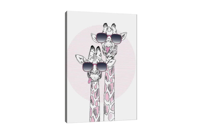Canvas taulu 70x100 cm - Kaksi kirahvia aurinkolaseissa leikkisässä ja modernissa tyylissä, Vaaleanpunainen / Musta / Valkoinen