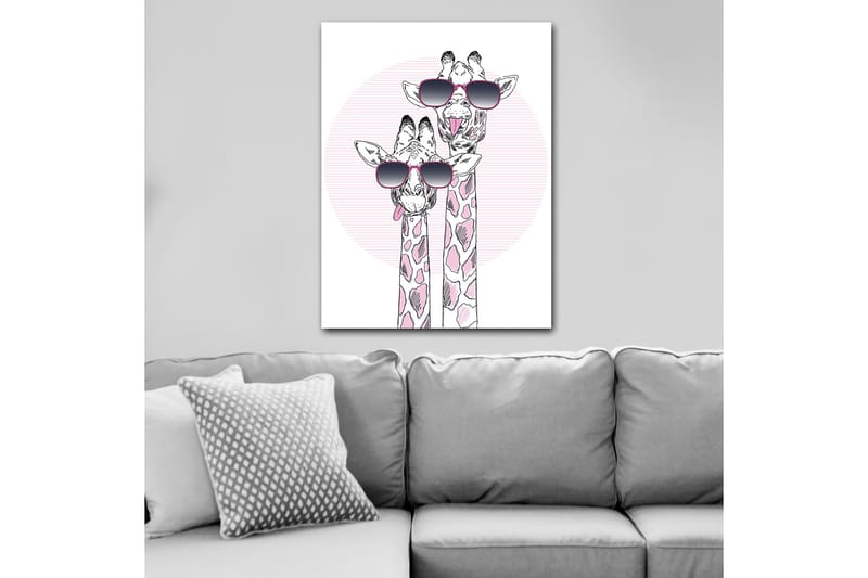 Canvas taulu 70x100 cm - Kaksi kirahvia aurinkolaseissa leikkisässä ja modernissa tyylissä - Vaaleanpunainen / Musta / Valkoinen - Sisustustuotteet - Taulu & taide - Canvas-taulu