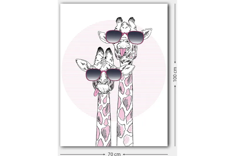 Canvas taulu 70x100 cm - Kaksi kirahvia aurinkolaseissa leikkisässä ja modernissa tyylissä - Vaaleanpunainen / Musta / Valkoinen - Sisustustuotteet - Taulu & taide - Canvas-taulu
