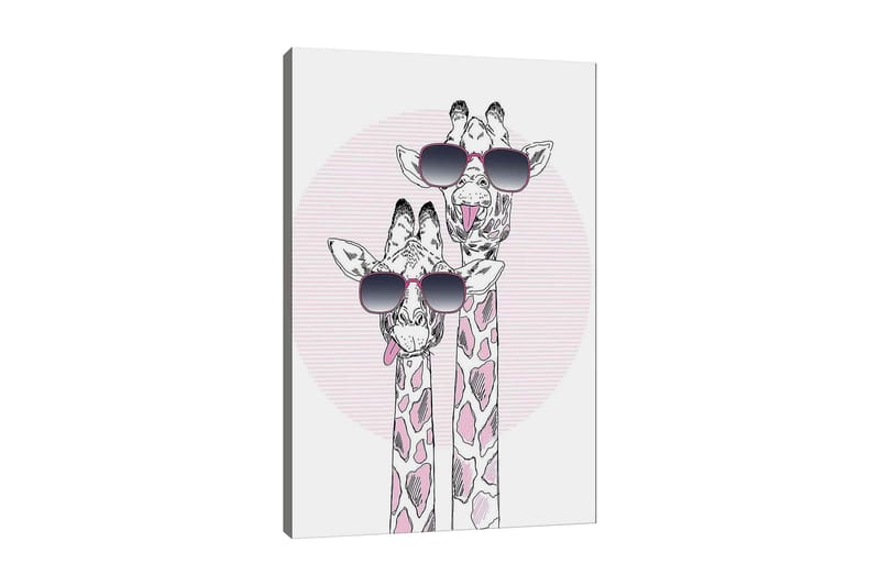 Canvas taulu 70x100 cm - Kaksi kirahvia aurinkolaseissa leikkisässä ja modernissa tyylissä, Vaaleanpunainen / Musta / Valkoinen