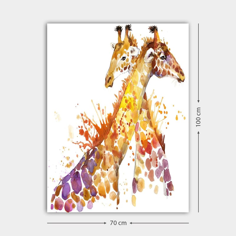 Canvas taulu 70x100 cm - Kaksi lähellä toisiaan seisovaa kirahvia, värikkäillä vesivärisävyillä korostettuna - Kultainenruskea / Violetti / Oranssi - Sisustustuotteet - Taulu & taide - Canvas-taulu