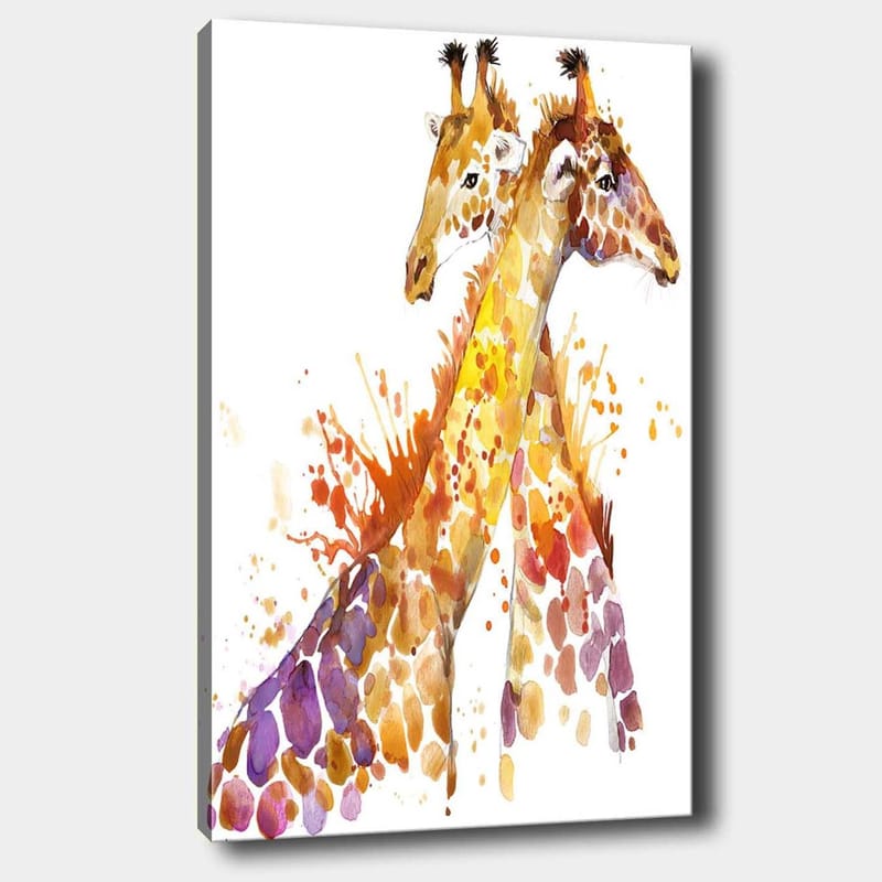 Canvas taulu 70x100 cm - Kaksi lähellä toisiaan seisovaa kirahvia, värikkäillä vesivärisävyillä korostettuna - Kultainenruskea / Violetti / Oranssi - Sisustustuotteet - Taulu & taide - Canvas-taulu