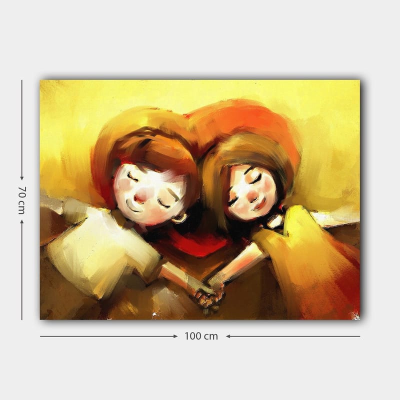 Canvas taulu 70x100 cm - Kaksi lasta kädestä pitäen makaamassa yhdessä sydämenmuotoisessa sommitelmassa - Kullankeltainen / Punainen / Ruskea - Sisustustuotteet - Taulu & taide - Canvas-taulu