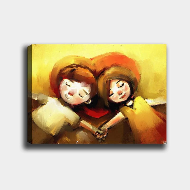Canvas taulu 70x100 cm - Kaksi lasta kädestä pitäen makaamassa yhdessä sydämenmuotoisessa sommitelmassa, Kullankeltainen / Punainen / Ruskea