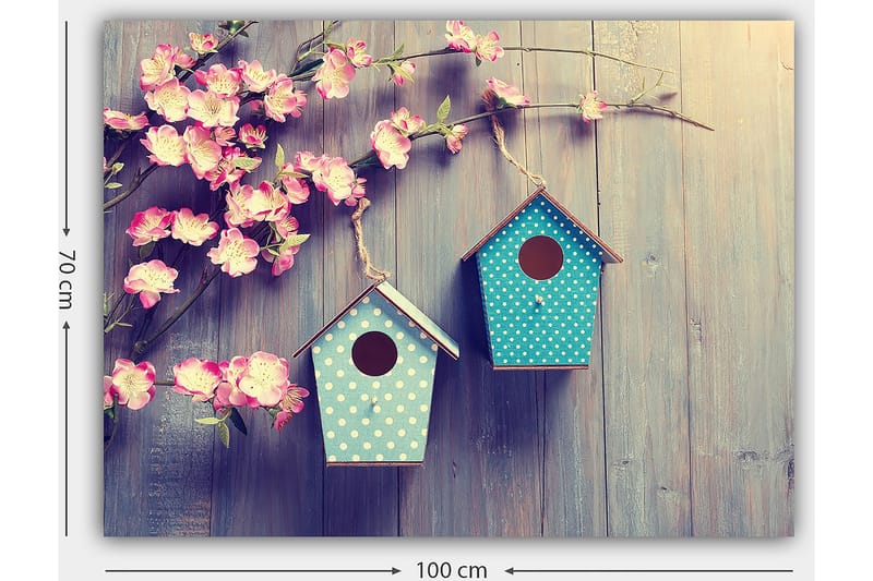 Canvas taulu 70x100 cm - Kaksi linnunpönttöä oksalla, taustalla kukkia - Vaaleanpunainen / Turkoosi - Sisustustuotteet - Taulu & taide - Canvas-taulu
