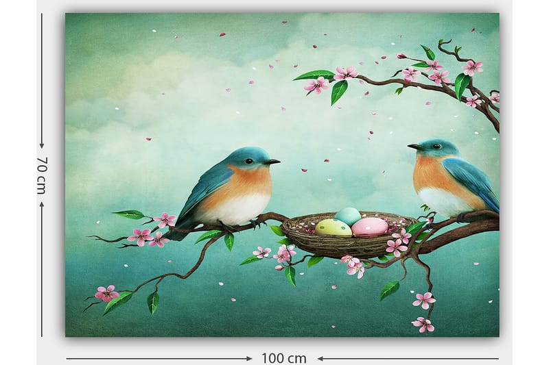 Canvas taulu 70x100 cm - Kaksi lintua istuu oksalla pesän vieressä munien ympäröimänä kukkien ympäröimänä - Turkoosi / Aprikoosi / Vaaleanpunainen - Sisustustuotteet - Taulu & taide - Canvas-taulu