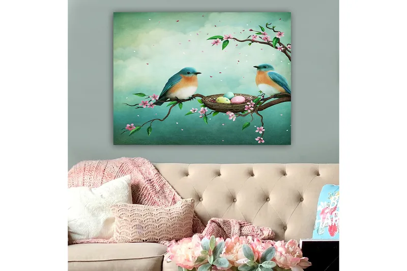 Canvas taulu 70x100 cm - Kaksi lintua istuu oksalla pesän vieressä munien ympäröimänä kukkien ympäröimänä - Turkoosi / Aprikoosi / Vaaleanpunainen - Sisustustuotteet - Taulu & taide - Canvas-taulu
