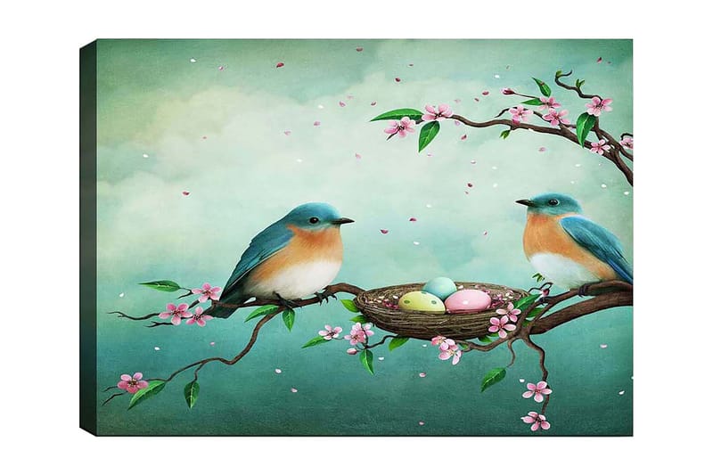 Canvas taulu 70x100 cm - Kaksi lintua istuu oksalla pesän vieressä munien ympäröimänä kukkien ympäröimänä, Turkoosi / Aprikoosi / Vaaleanpunainen