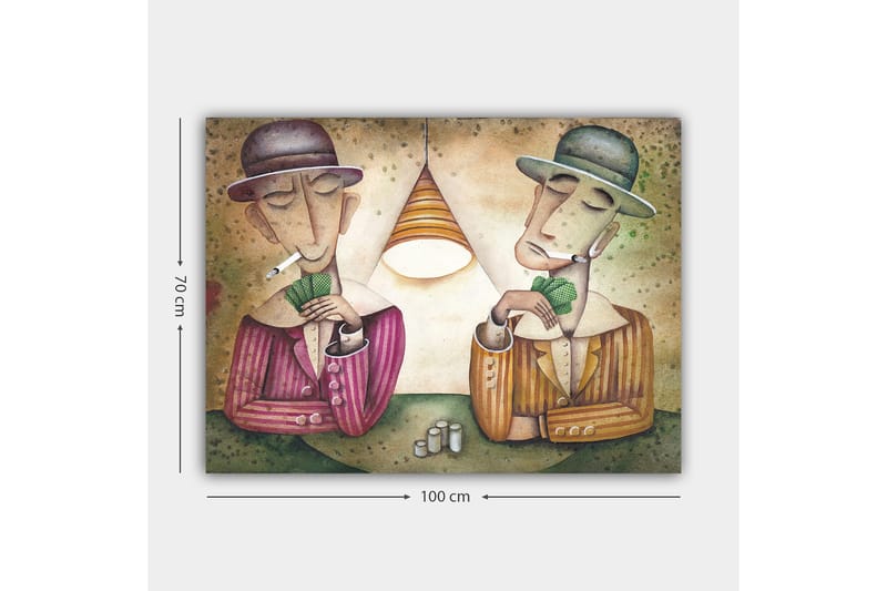 Canvas taulu 70x100 cm - Kaksi miestä pelaa korttia lampun alla savukkeet suussaan ja keskittynyt ilme - Violetti / Vihreä / Beige - Sisustustuotteet - Taulu & taide - Canvas-taulu
