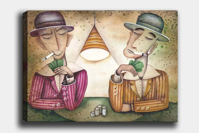 Canvas taulu 70x100 cm - Kaksi miestä pelaa korttia lampun alla savukkeet suussaan ja keskittynyt ilme - Violetti / Vihreä / Beige - Sisustustuotteet - Taulu & taide - Canvas-taulu