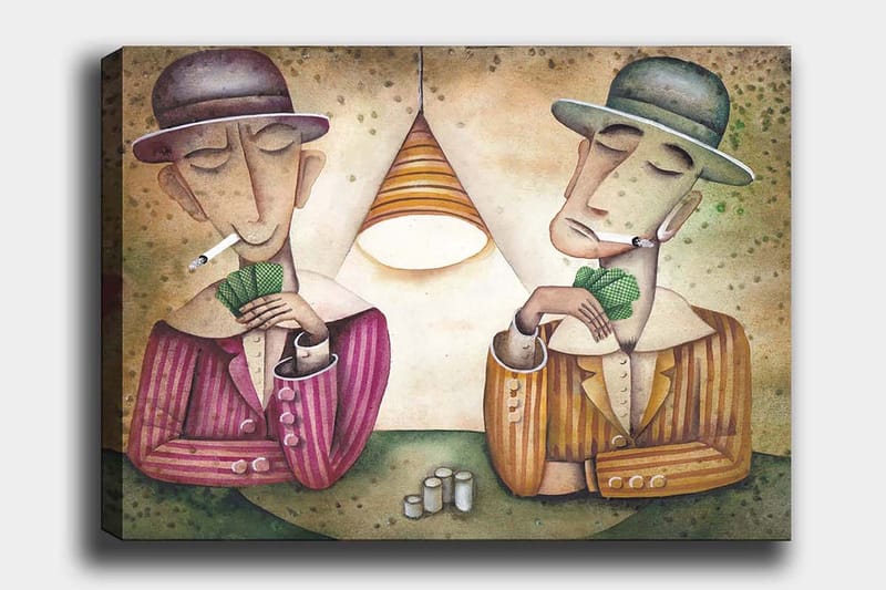 Canvas taulu 70x100 cm - Kaksi miestä pelaa korttia lampun alla savukkeet suussaan ja keskittynyt ilme, Violetti / Vihreä / Beige