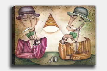 Canvas taulu 70x100 cm - Kaksi miestä pelaa korttia lampun alla savukkeet suussaan ja keskittynyt ilme - Violetti / Vihreä / Beige - Sisustustuotteet - Taulu & taide - Canvas-taulu