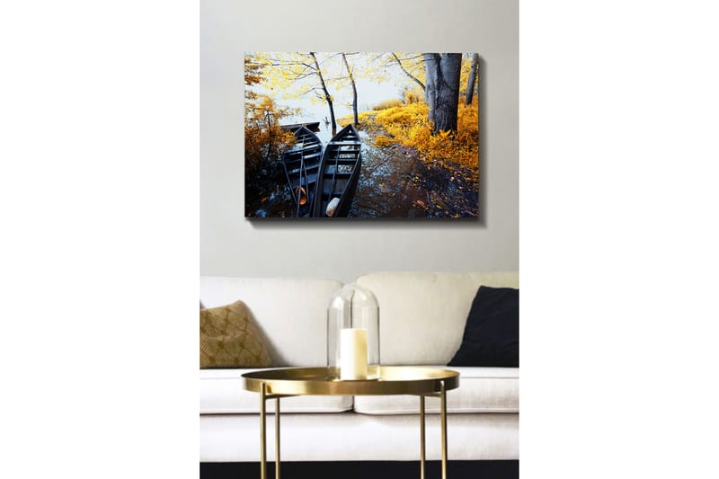 Canvas taulu 70x100 cm - Kaksi mustaa venettä kultaisen syysmaiseman äärellä, jossa on puita ja heijastuksia vedessä - Musta / Kultainen / Sininen - Sisustustuotteet - Taulu & taide - Canvas-taulu