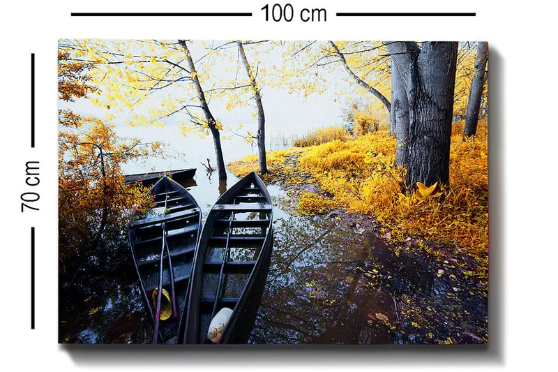 Canvas taulu 70x100 cm - Kaksi mustaa venettä kultaisen syysmaiseman äärellä, jossa on puita ja heijastuksia vedessä - Musta / Kultainen / Sininen - Sisustustuotteet - Taulu & taide - Canvas-taulu