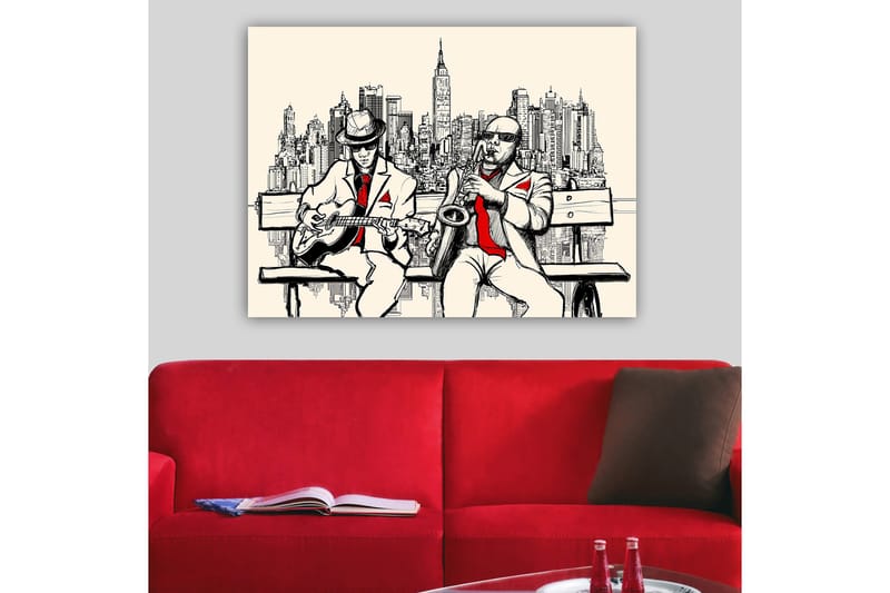 Canvas taulu 70x100 cm - Kaksi muusikkoa penkillä, siluettina New York - Beige / Musta / Punainen - Sisustustuotteet - Taulu & taide - Canvas-taulu