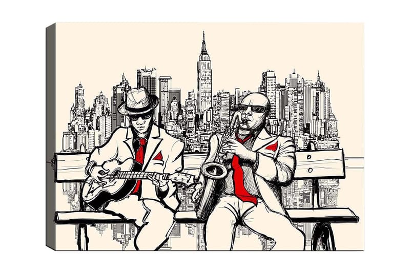 Canvas taulu 70x100 cm - Kaksi muusikkoa penkillä, siluettina New York, Beige / Musta / Punainen