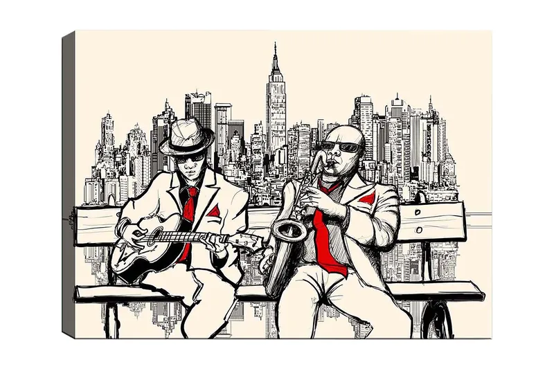 Canvas taulu 70x100 cm - Kaksi muusikkoa penkillä, siluettina New York, Beige / Musta / Punainen