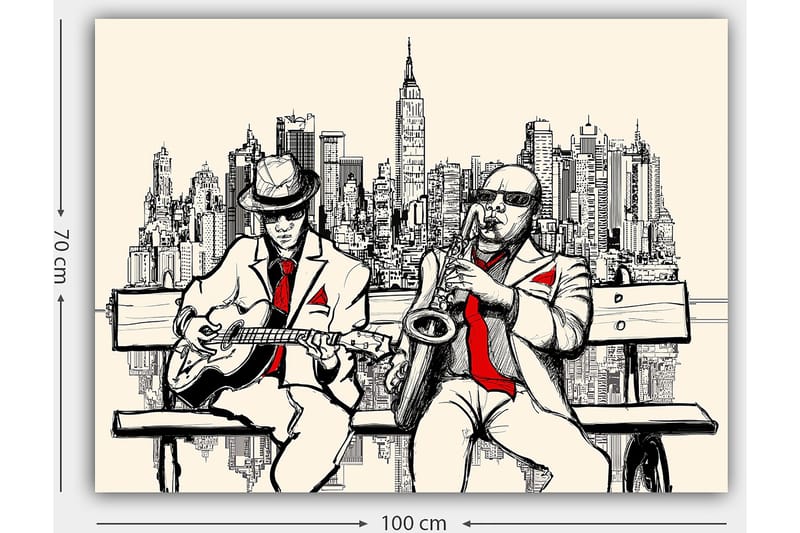 Canvas taulu 70x100 cm - Kaksi muusikkoa penkillä, siluettina New York - Beige / Musta / Punainen - Sisustustuotteet - Taulu & taide - Canvas-taulu