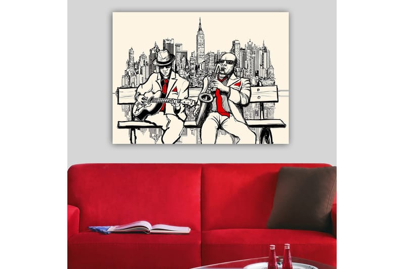 Canvas taulu 70x100 cm - Kaksi muusikkoa penkillä, siluettina New York - Beige / Musta / Punainen - Sisustustuotteet - Taulu & taide - Canvas-taulu