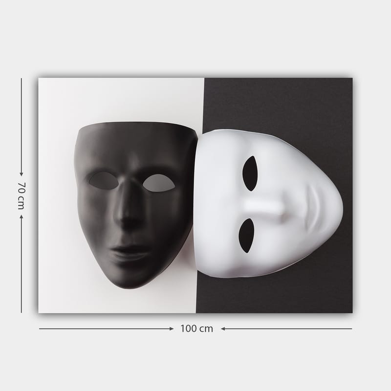Canvas taulu 70x100 cm - Kaksi naamiota, yksi musta ja yksi valkoinen, symboloivat vastakkaisia tunteita tai identiteettejä - Musta / Valkoinen - Sisustustuotteet - Taulu & taide - Canvas-taulu