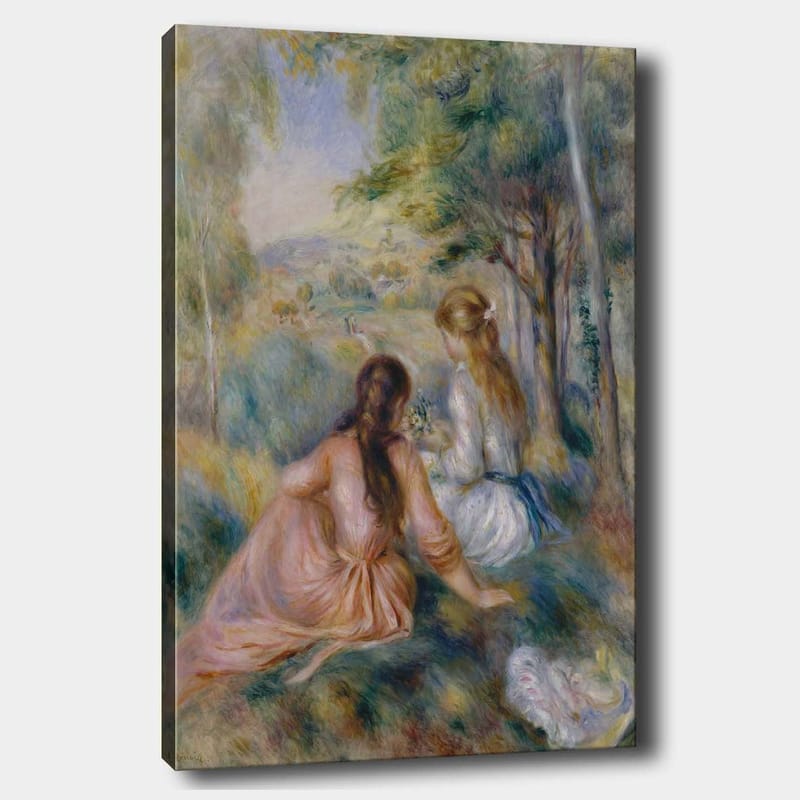 Canvas taulu 70x100 cm - Kaksi naista istuu rehevässä ympäristössä poimimassa kukkia, Vaaleanpunainen / Valkoinen / Vihreä