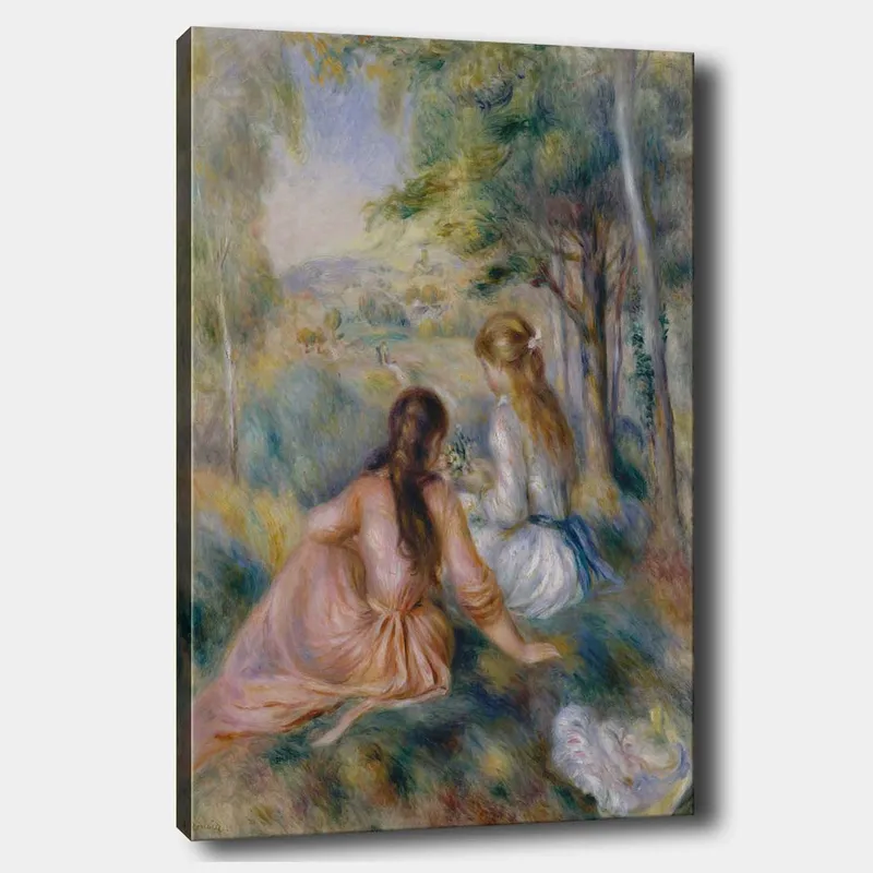 Canvas taulu 70x100 cm - Kaksi naista istuu rehevässä ympäristössä poimimassa kukkia, Vaaleanpunainen / Valkoinen / Vihreä