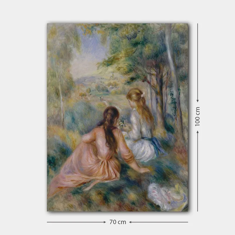 Canvas taulu 70x100 cm - Kaksi naista istuu rehevässä ympäristössä poimimassa kukkia - Vaaleanpunainen / Valkoinen / Vihreä - Sisustustuotteet - Taulu & taide - Canvas-taulu