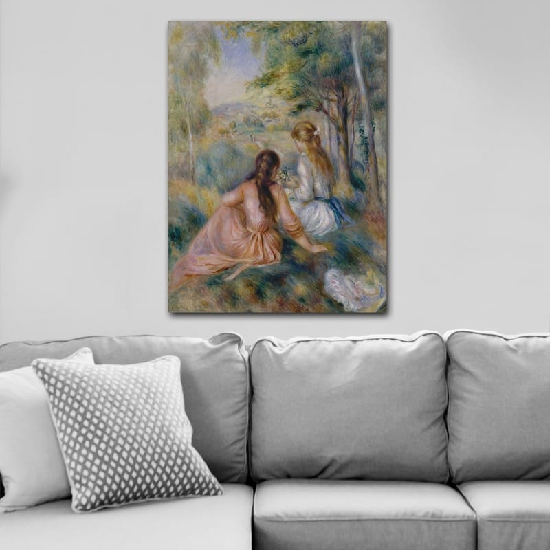 Canvas taulu 70x100 cm - Kaksi naista istuu rehevässä ympäristössä poimimassa kukkia - Vaaleanpunainen / Valkoinen / Vihreä - Sisustustuotteet - Taulu & taide - Canvas-taulu