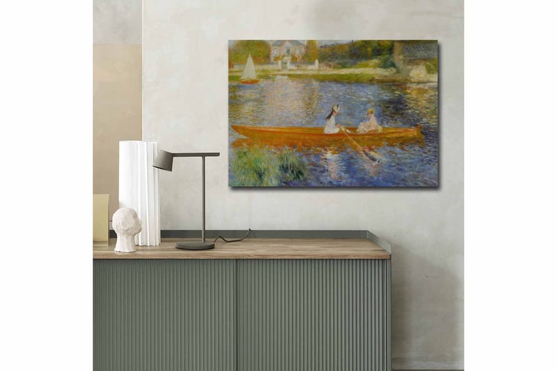 Canvas taulu 70x100 cm - Kaksi naista melomassa veneessä peilimäisellä järvellä - Oranssi / Sininen / Vihreä - Sisustustuotteet - Taulu & taide - Canvas-taulu