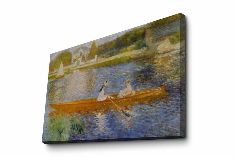 Canvas taulu 70x100 cm - Kaksi naista melomassa veneessä peilimäisellä järvellä, Oranssi / Sininen / Vihreä